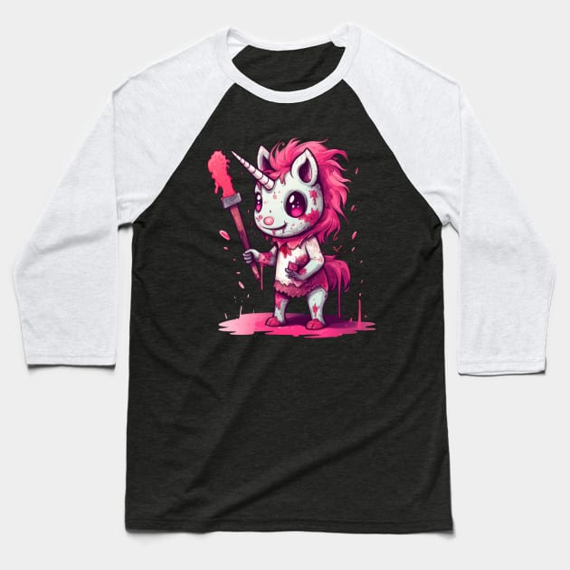 Undead Whimsy: Pink Zombie Unicorn Baseball T-Shirt by MerlinArt